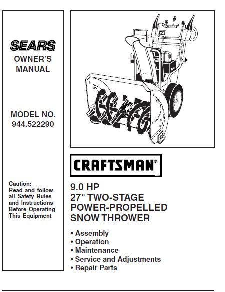 944.522290 Manual for Craftsman 27" Two-Stage Snow Thrower