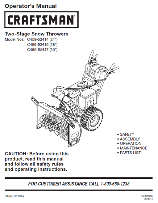 C459-52414 C459-52416 C459-52447 Manual for Craftsman Snow Throwers