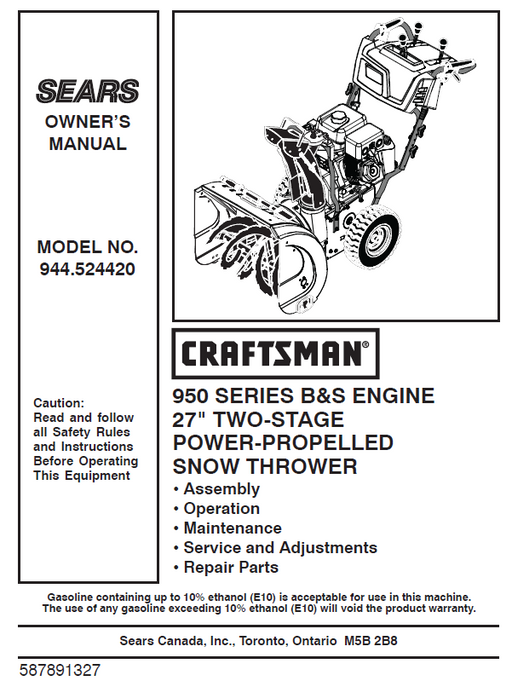 944.524420 Manual for Craftsman 27" Two-Stage Snow Thrower