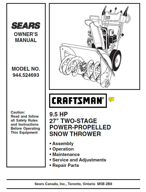 944.524691 944.524693 Manual for Craftsman 9.5 HP 27" Snow Thrower