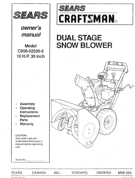 C950-52530-6 Manual for Craftsman 10.0 HP 30" Dual Stage Snow Thrower