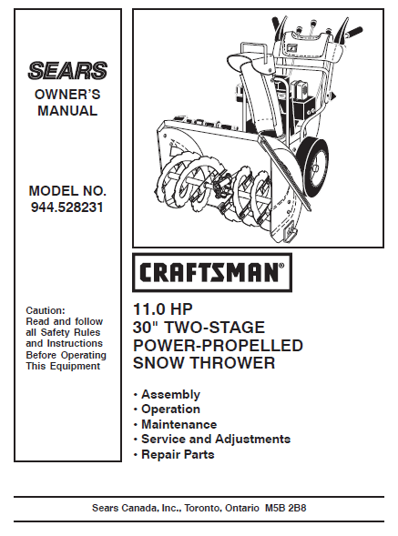 944.528231 Craftsman 30" Snowthrower Owners Manual