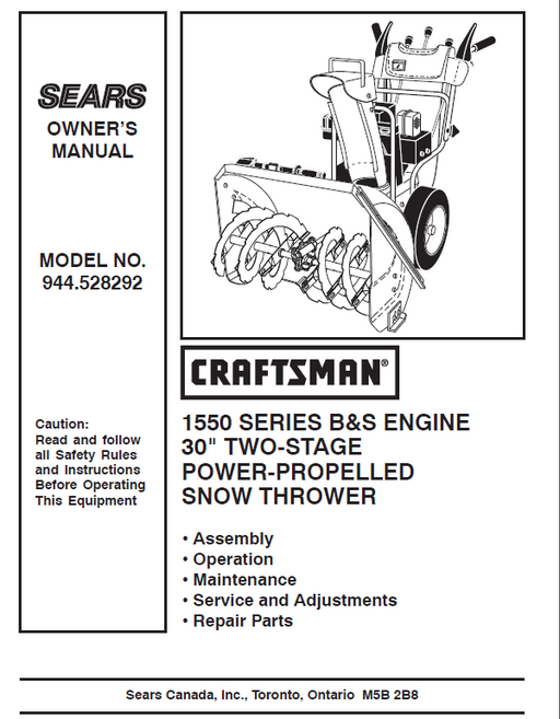 944.528292 Manual for Craftsman 30" Two-Stage Snow Thrower