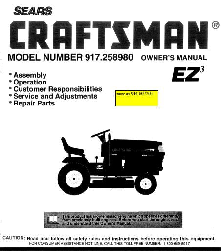 917.258980 Manual for Craftsman Lawn Tractor 944.607201