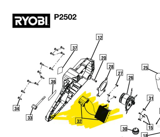 291725002 Ryobi Chainsaw Motor Controller and Battery in yellow