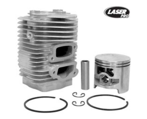 Motorcycle engine components including a cylinder and piston with 'Laser Pro' branding on a white background.