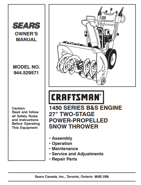 944.529571 Manual for Craftsman 27" Power-Propelled Snow Thrower  | DRMower.ca