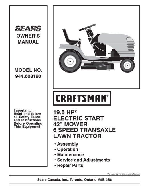 944.608180 Manual for Craftsman 19.5 HP Electric Start 42" Lawn Tractor | DRMower.ca