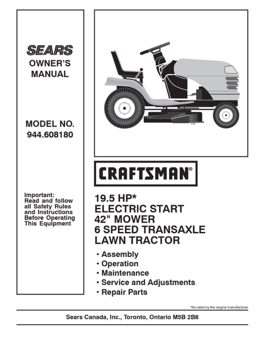 944.608180 Manual for Craftsman 19.5 HP Electric Start 42" Lawn Tractor