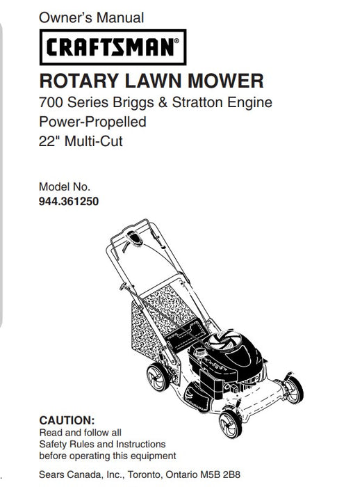 944.361250 Manual for Craftsman Lawn 22 Multi cut Lawn Mower DR Mower Parts