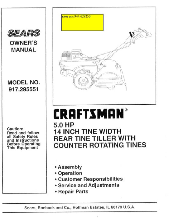 944.629250 Manual for Craftsman 5 HP 14" Rear Tine Tiller 917.295551