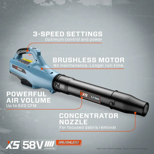BLAX5-M Senix 58 Volt Max Cordless Leaf Blower, Brushless Motor Kit