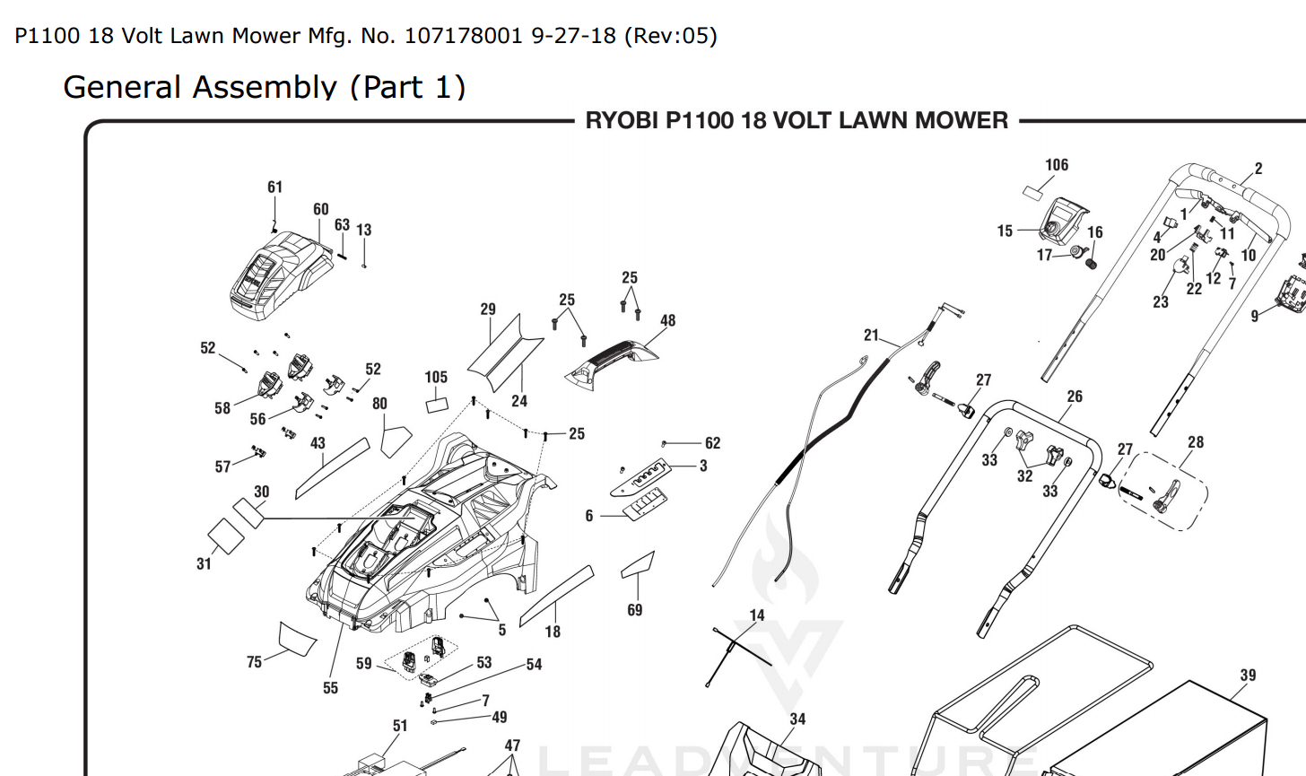 EIさん専用 P1100 Ryobi 18 Volt Lawn Mower Parts List — DR Mower Parts