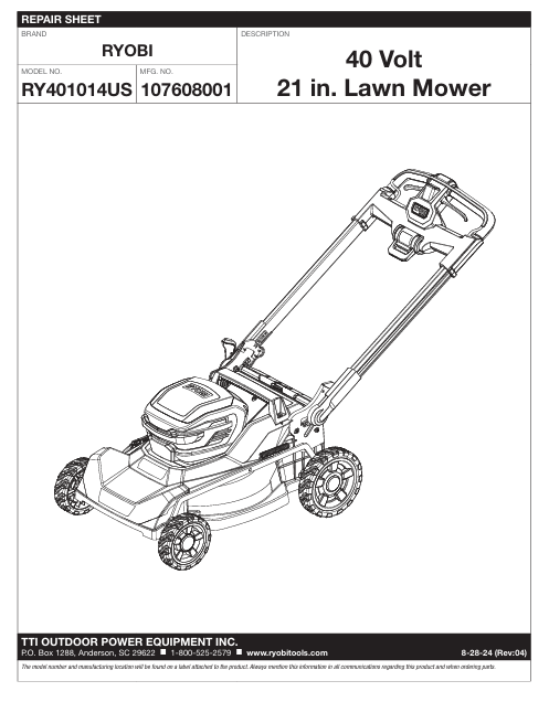 RY401014US Ryobi 40 Volt 21" Lawn Mower Parts List | DRMower.ca
