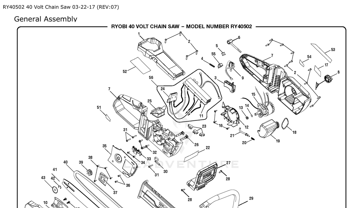 RY40502 Ryobi 40 Volt Chainsaw Parts List