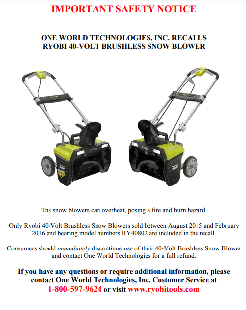 RY40802 Ryobi 40 Volt Snowblower 10770002 Rev 2 Parts List - See Recall Notice