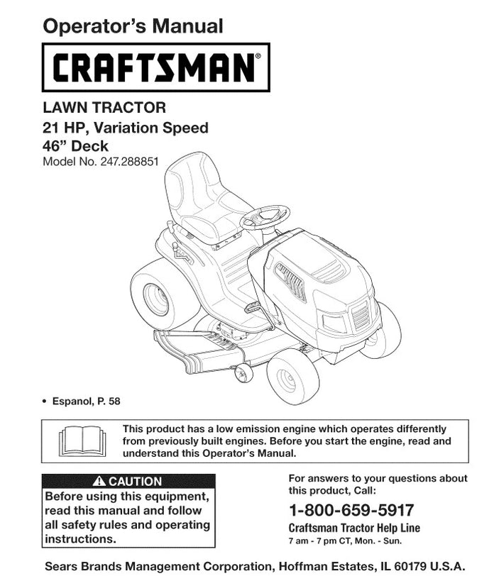 247.288851 Manual for Craftsman 21HP 46" Lawn Tractor — DR Mower Parts