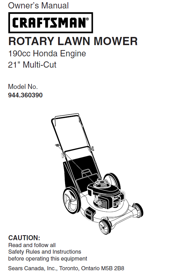 944.360390 Manual for Craftsman 190 CC 21 Lawn Mower DR Mower Parts