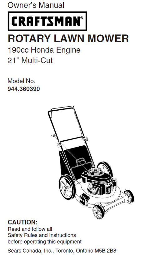 944.360390 Manual for Craftsman 190 CC 21` Lawn Mower
