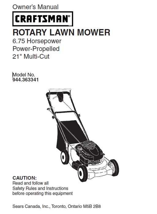 944.363341 Manual for Craftsman 6.75 HP 21` Lawn Tractor