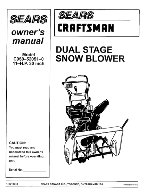 C950-52051-0 Craftsman 30" Snowblower Owners Manual