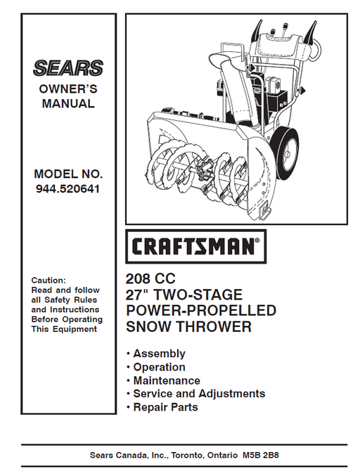 944.520641 Manual for Craftsman 27" Two-Stage Snow Thrower