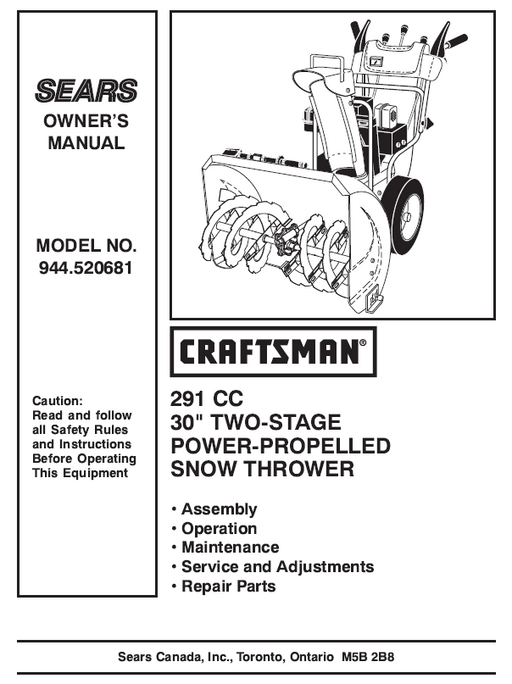 944.520681 Manual for Craftsman 30" Two-Stage Snow Thrower