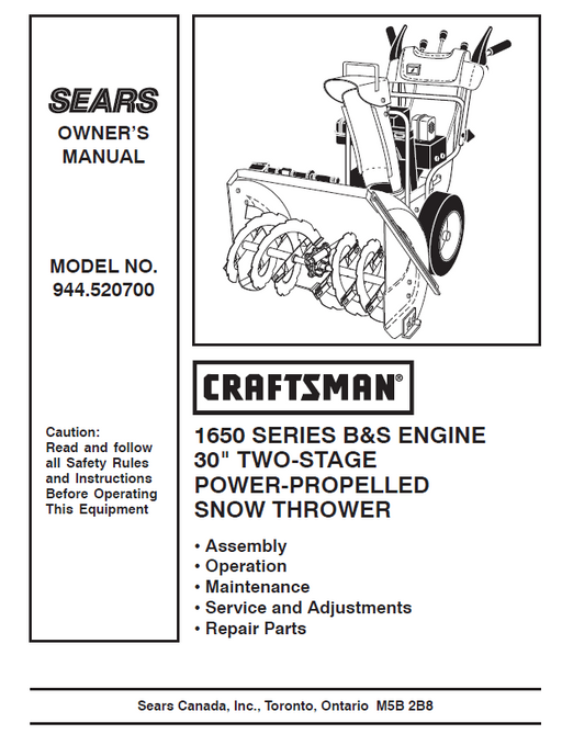 944.520700 Manual for Craftsman 30" Two-Stage Snow Thrower