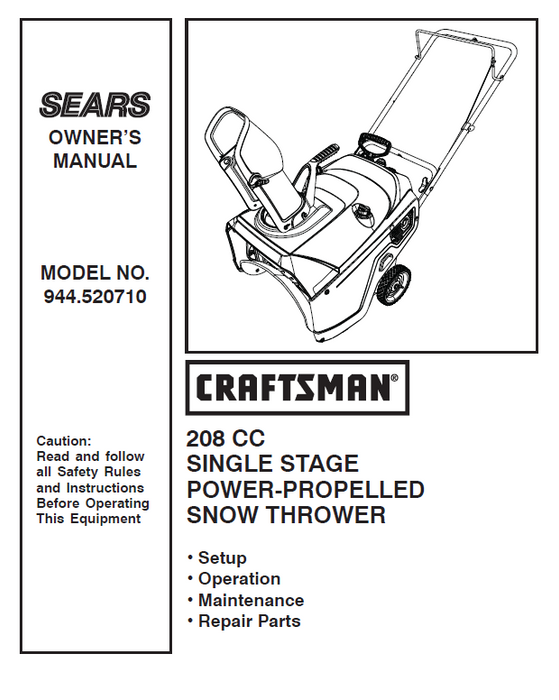 944.520710 Manual for Craftsman Single-Stage Snow Thrower