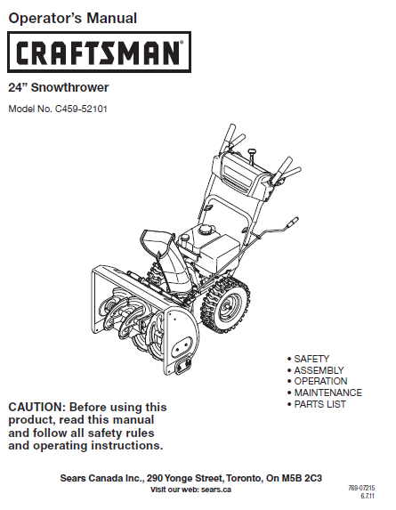 C459-52101 Manual for Craftsman 2011 24" Snow Thrower