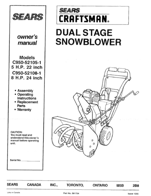 Craftsman Snowblower Owners Manual C950-52105-1 C950-52108-1