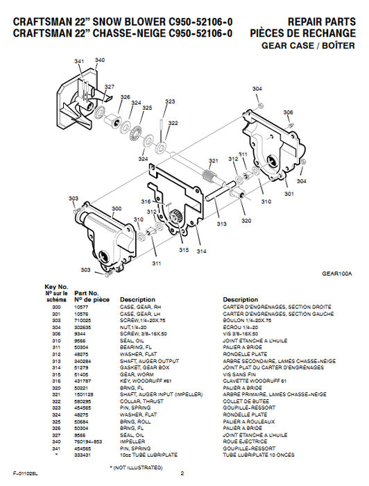 C950-52106-0 Craftsman 22" Snowblower Parts List