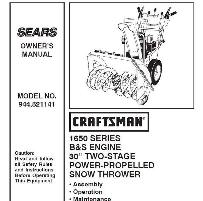 944.521141 Manual for Craftsman 30" Two-Stage Snow Thrower