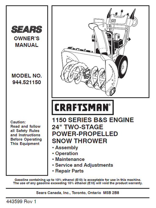 944.521150 Manual for Craftsman 24" Two-Stage Snow Thrower