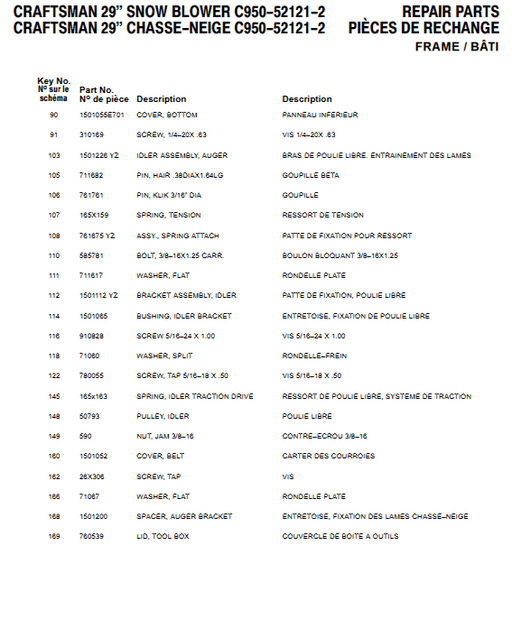 Craftsman 29" Snowblower Parts List for Model C950-52121-2