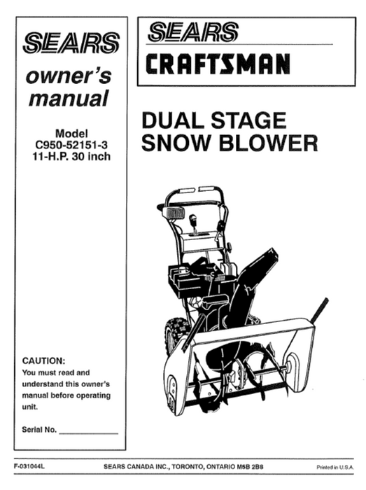 C950-52151-3 Manual for Craftsman 30" Dual Stage Snowblower
