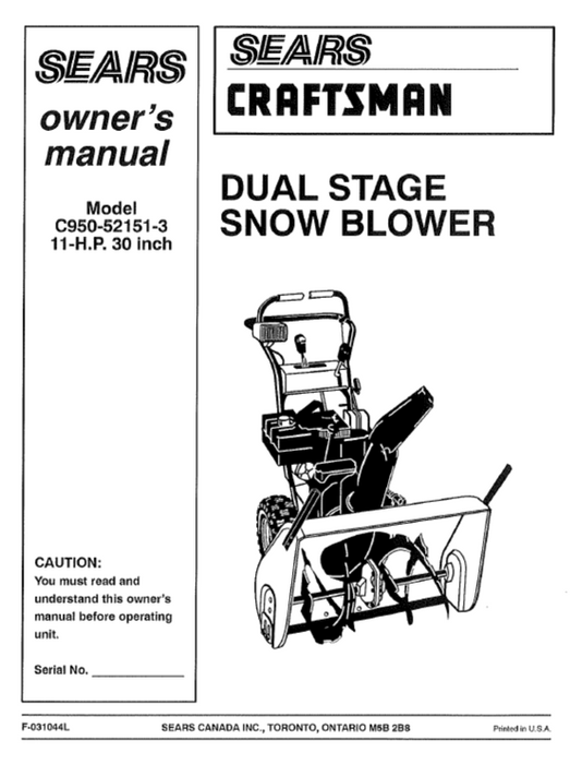 C950-52151-3 Craftsman 30" Snowblower Owners Manual