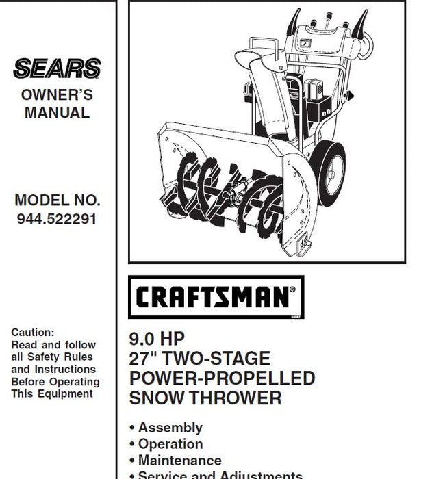 944.522291 Manual for Craftsman 27" Two-Stage Snow Thrower