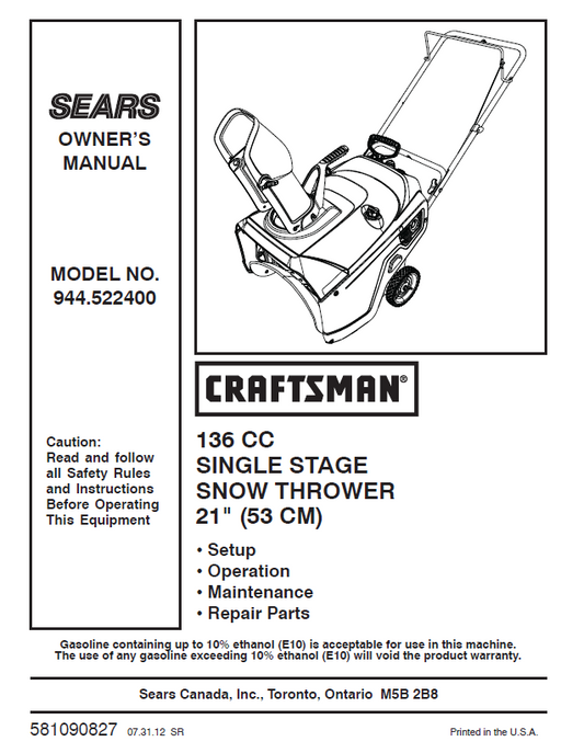 944.522400 Craftsman 21" Snowblower Owners Manual