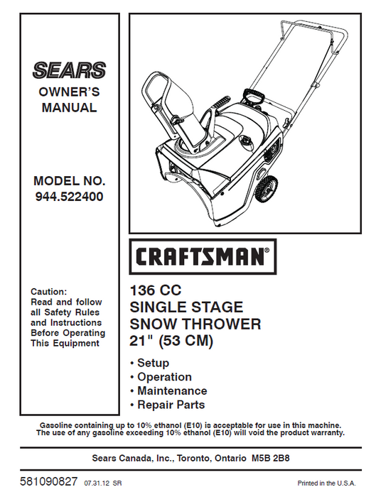 944.522400 Manual for Craftsman 21" Single-Stage Snow Thrower