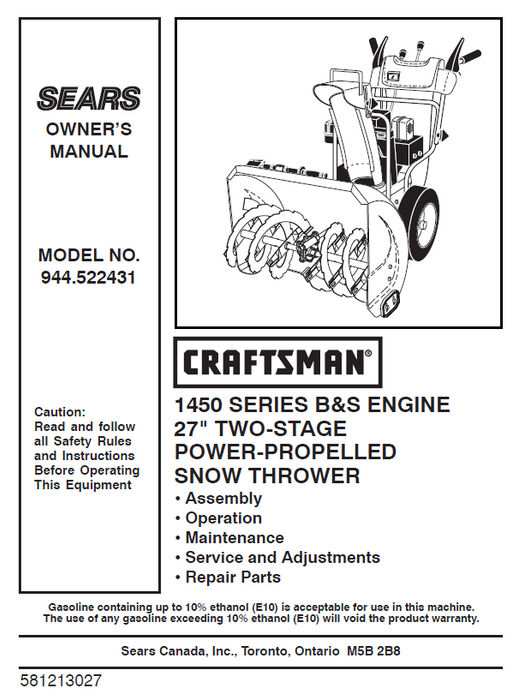 944.522431 Manual for Craftsman 27" Two-Stage Snow Thrower