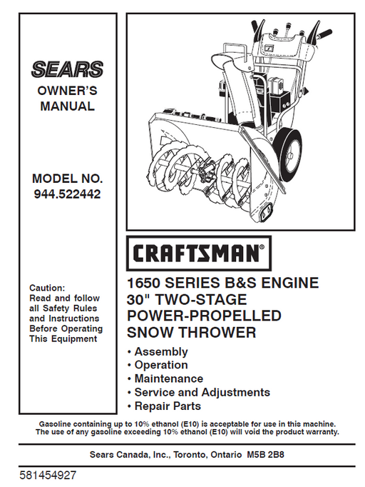 944.522442 Manual for Craftsman 30" Two-Stage Snow Thrower