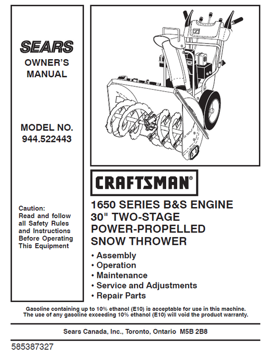 944.522443 Manual for Craftsman 30" Two-Stage Snow Thrower