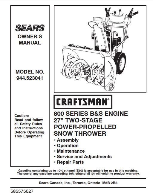 944.523041 Manual for Craftsman 27" Snow Blower