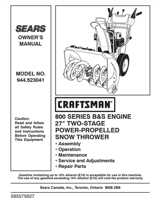 944.523041 Manual for Craftsman 27" Snow Blower | DRMower.ca