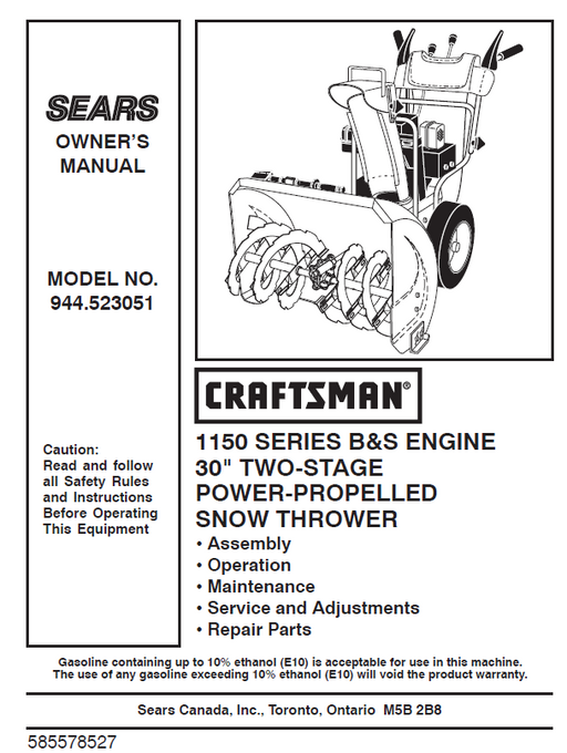 944.523051 Craftsman 30" Snowblower Owners Manual