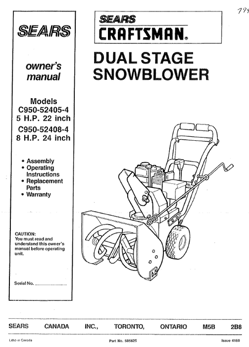 Craftsman Snowblower Owners Manual for C950-52405-4 C950-52408-4