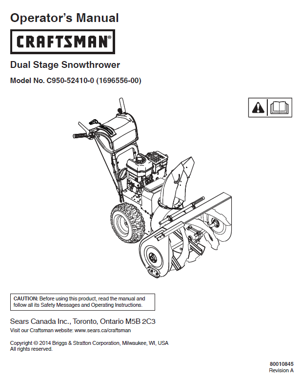 C950 52410 0 Manual for Craftsman Dual Stage Snow Thrower DR Mower Parts