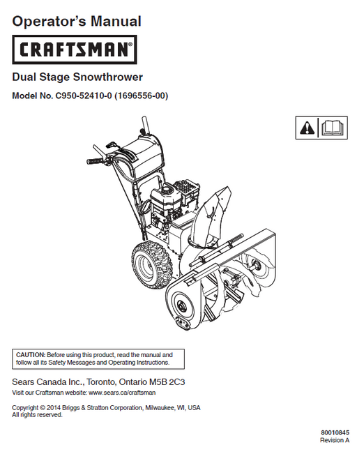 C950-52410-0 Manual for Craftsman Dual Stage Snow Thrower