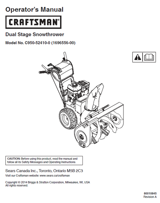 C950-52410-0 Craftsman Snow Thrower Owners Manual